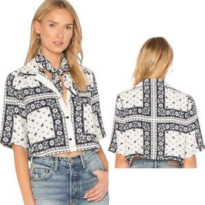 Cinq à Sept Dani Silk Crop Top Navy Ivory Scarf Tie S